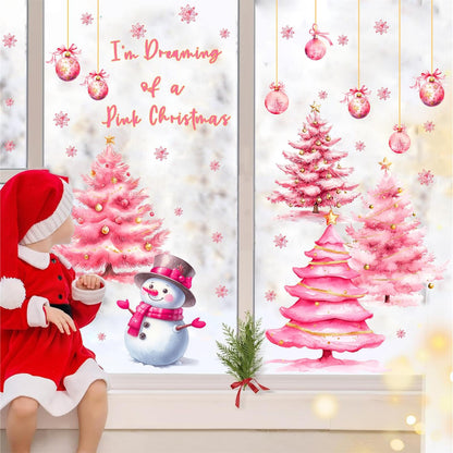 Pink Christmas Window Clings Double-Sided Christmas Tree Windows Decoration Stickers Indoor Xmas Pine Tree Window Decals for Glass Snowman Snowflakes Decals for Winter Holiday Party Supply