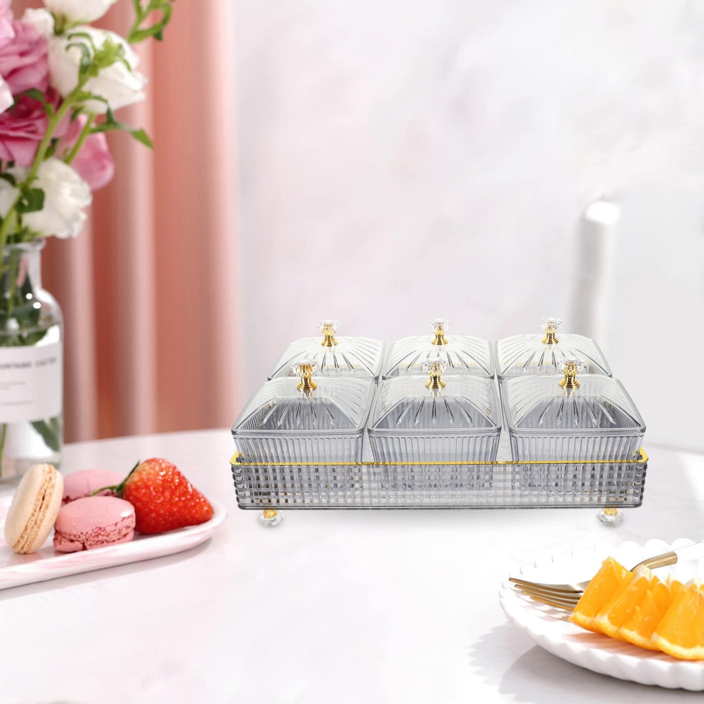 Cabilock Divided Serving Tray with Lid Dry Fruit Tray with Lid 6 Compartment Snack for Candy Nuts Desserts Removable Small Bowls for Home Party Ktv