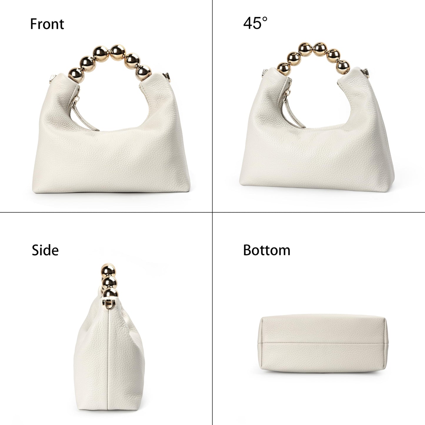 DORIS&JACKY Small Top Handle Clutch Purse for Women, Designer Leather Evening Crossbody Bag with Metal Ball Tote Handle And Leather Chain Strap (Cowhide- White)