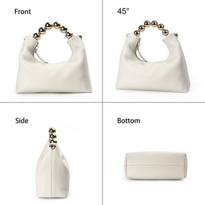 DORIS&JACKY Small Top Handle Clutch Purse for Women, Designer Leather Evening Crossbody Bag with Metal Ball Tote Handle And Leather Chain Strap (Cowhide- White)