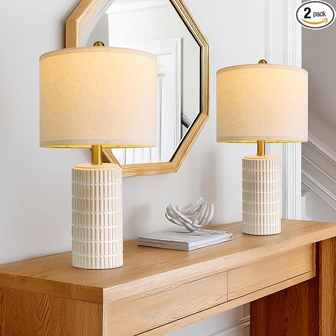 PoKat 20.75" Small Modern Ceramic Table Lamps Set of 2 for Bedroom, White Bedside Lamps for Night Stands, Farmhouse Desk Decor Nightstand Table Lamps for Living Room End Table Beige