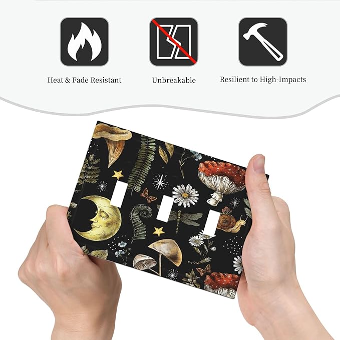 Nature Plant Botanical Daisy Mushroom Snails And Moon 3 Gang Wall Plates Decorative Triple Toggle Light Switch Cover Electrical Switchplate Unused Decorate Faceplate for Bathroom Home
