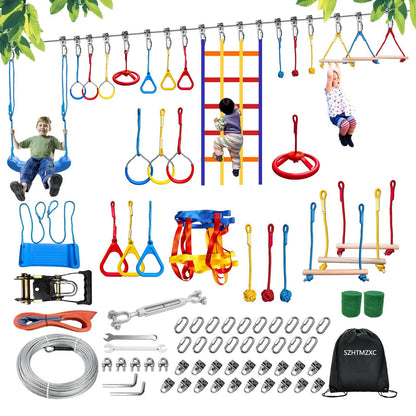 SZHTMZXC Ninja Warrior Obstacle Course for Kids Backyard Outdoor, 55ft Stainless Steel Main Cable, No Sagging, No Fraying, Weatherproof, 15 Ninja Training Accessories, Climbing Net, Swing, Wheel