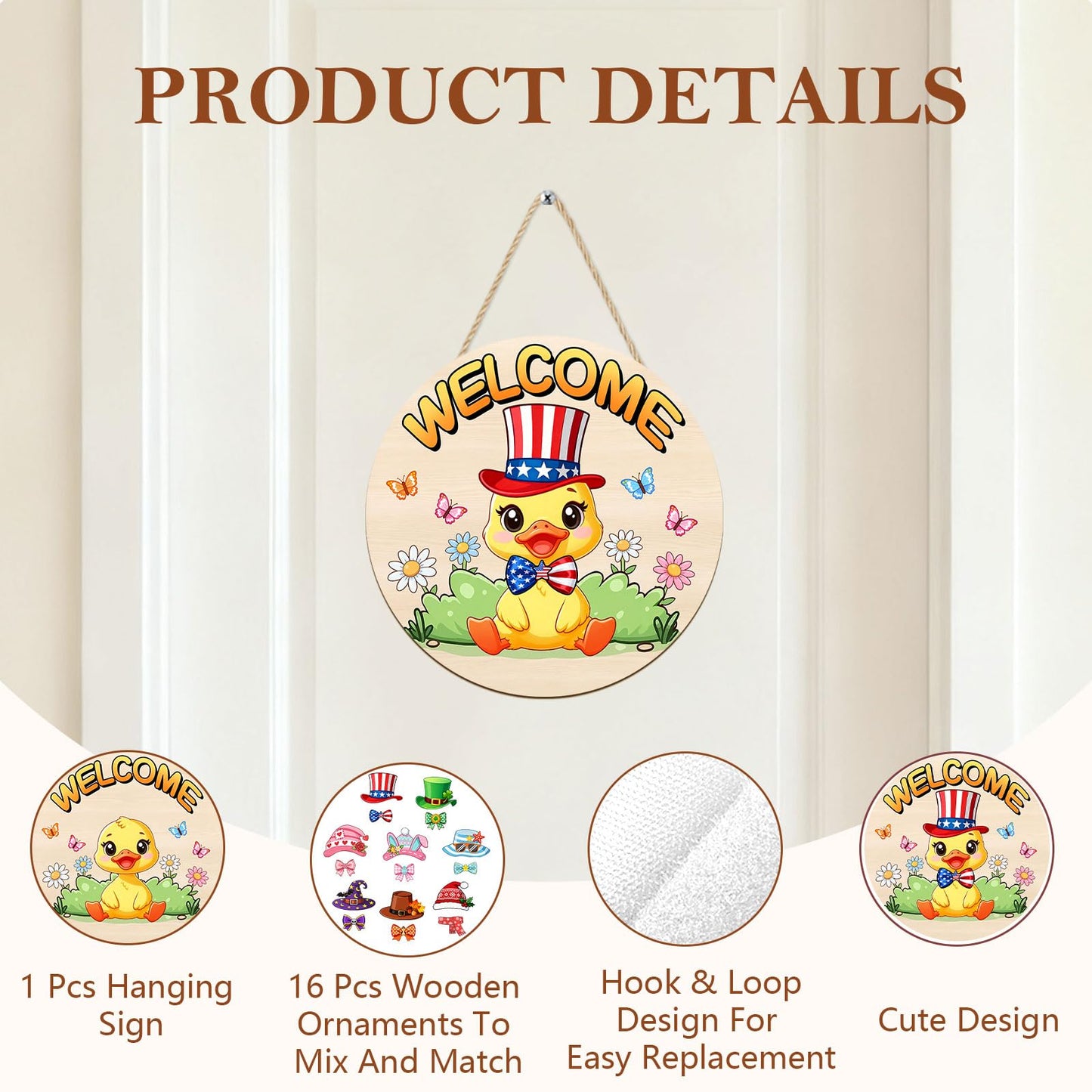 Interchangeable Wooden Duck Decoration, Christmas Hanging Wall Door Decor, Changeable Holiday Seasonal Decor and Detachable Hats Welcome Sign, Farmhouse Hanging Sign for Front Door, 16 PCS