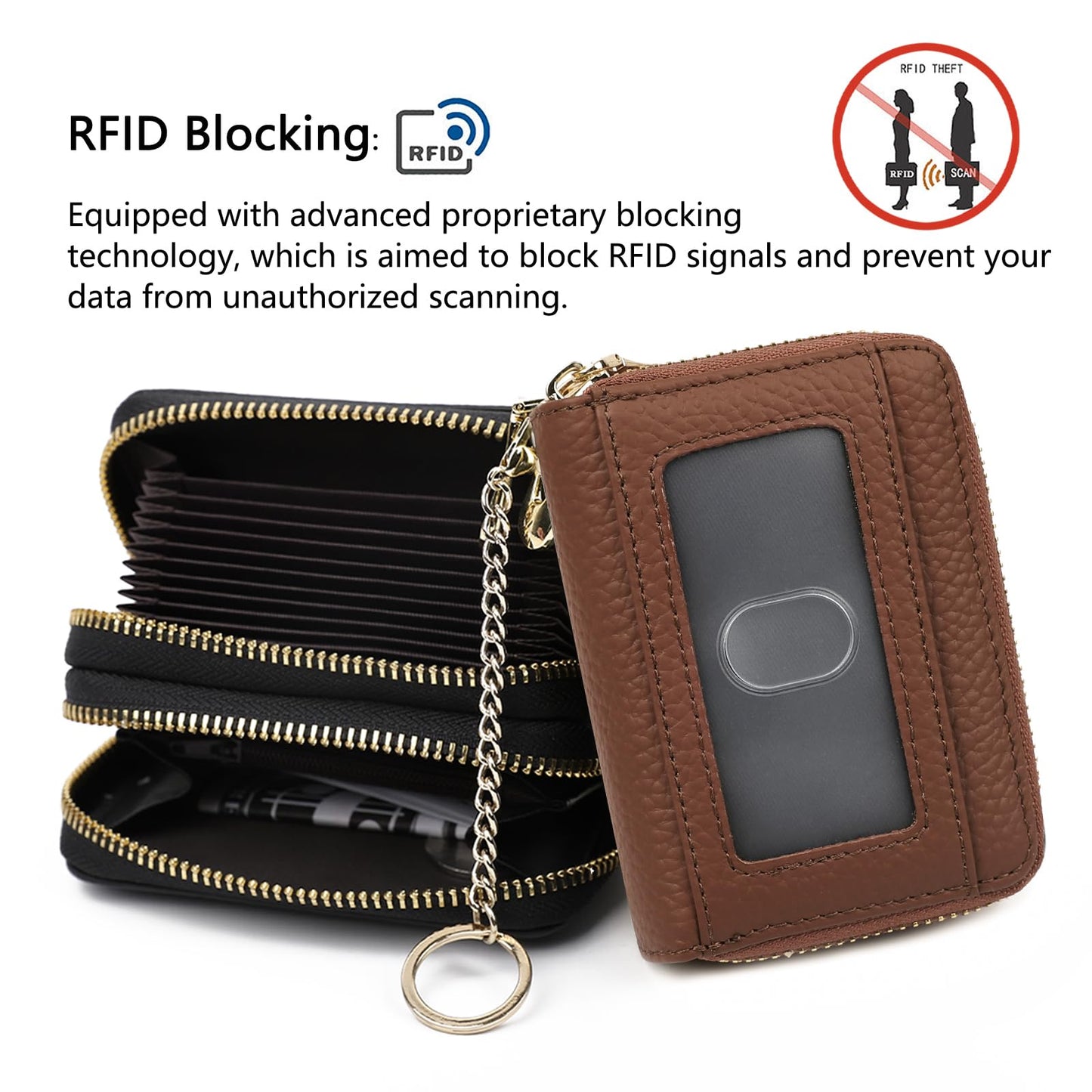 imeetu RFID Credit Card Wallet, Genuine Leather Zipper Card Case Holder with Removable Keychain(Max - Brown)