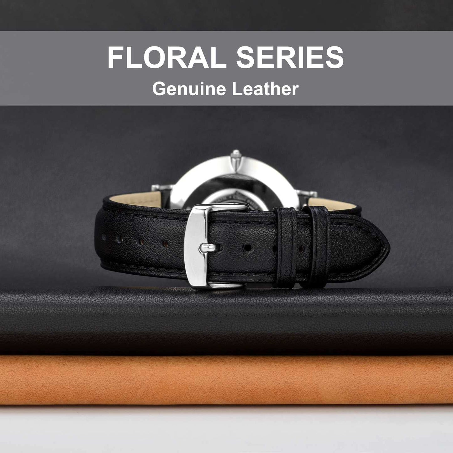 WOCCI 20mm Flower Watch Band for Women and Men, Genuine Leather, Quick Release Strap, Silver Buckle (Black)