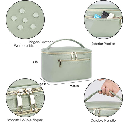 Wandering Nature Makeup Bag, Travel Make Up Organizer Cosmetic Brush Bags Case for Women in Vegan Leather, Sage Green, Patent Pending