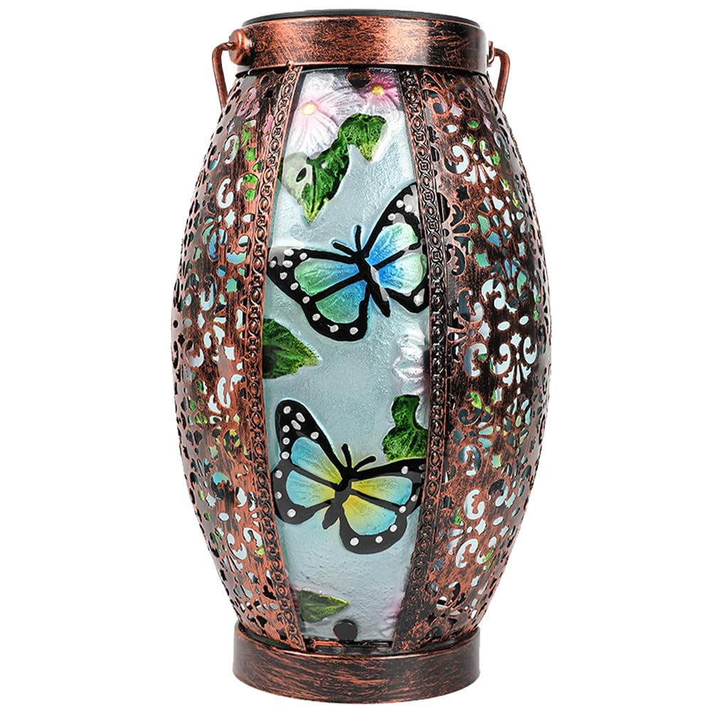 TEYIGARDEN Butterfly Solar Lanterns Glass & Metal Hanging Lantern Outdoor Waterproof 16" H Tabletop Light with Hollowed-Out Design for Garden Patio Table Decor Mother's Day Gift