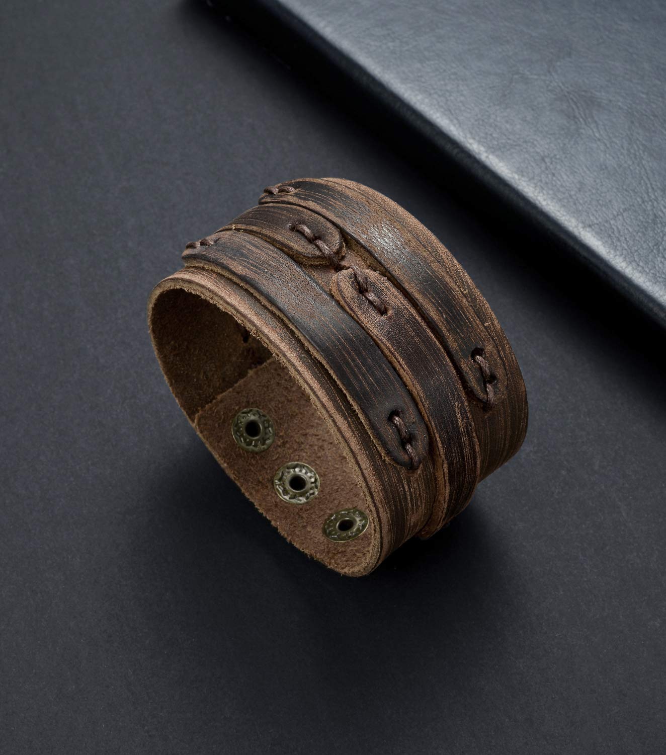 Tornito 3Pcs Genuine Leather Bracelet Braided Biker Cuff Strap Punk Wide Belt Bangle Wristband For Women Men Black Brown Size Adjustable
