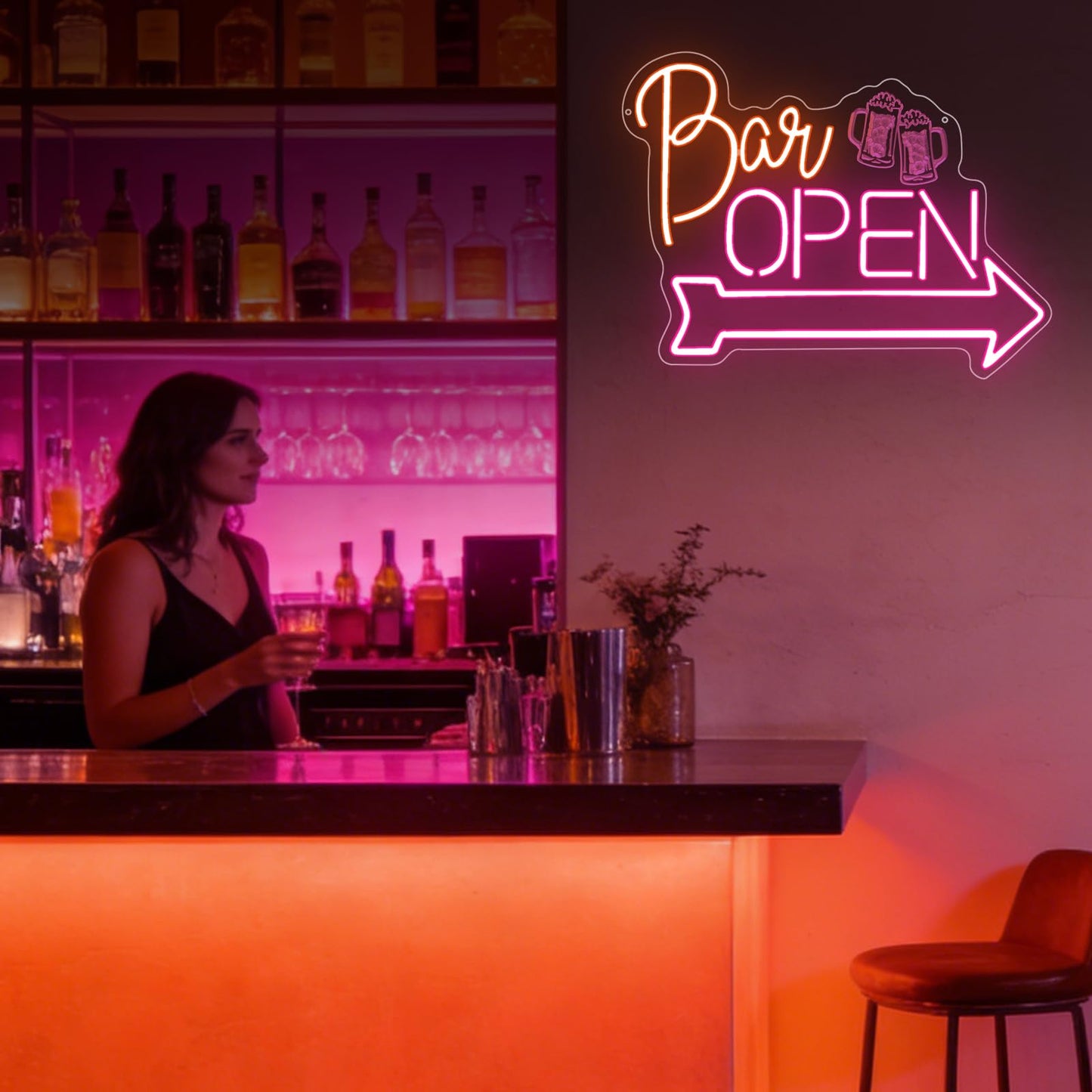 Bar Open Neon Sign,Open Signs for Business Home Beer Bar Man Cave Club Pub Restaurant Stores Hotel Party,Pink Orange Dimmable LED Sign Wall Art Decor Gift for Men Women USB Powered（16.9"*12.6"）