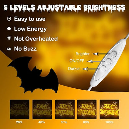 HAPPY HALLOWEEN Neon Sign, Bright Yellow LED Wall Light with Bats, Spider Webs & Skull, Halloween Party Decoration for Home, Bar, Dorm, Spooky Décor