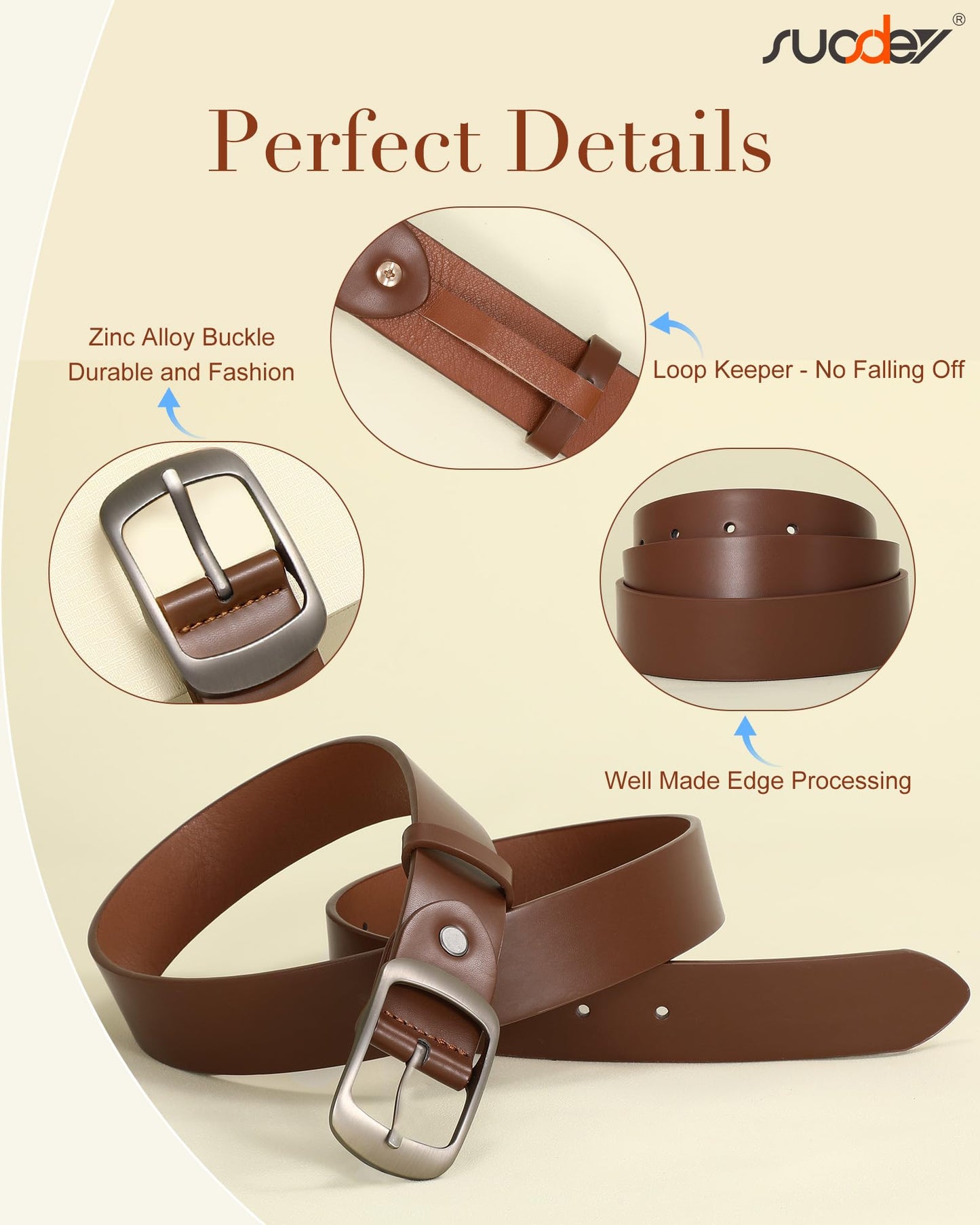 SUOSDEY Women Belts For Jeans Dresses Pants Ladies Light Coffee Belt Leather Waist Belt with Elegant Buckle Width 1.3"
