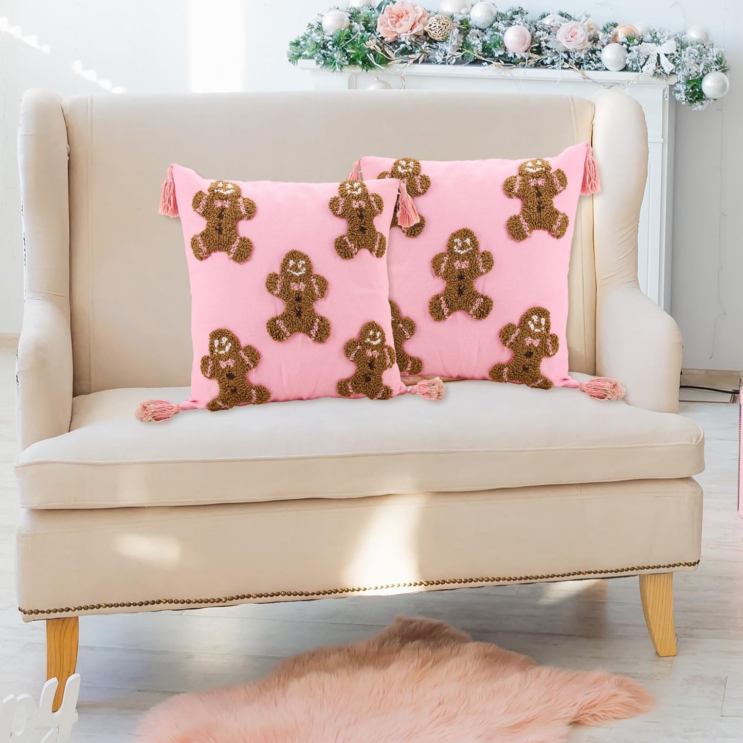 JarThenaAMCS 2Pcs 3D Pink Christmas Pillow Covers Gingerbread Man Throw Pillow Case 18 x 18 Inch Plush Faux Fur Soft Holiday Cushion Cover for Home Office Couch Sofa