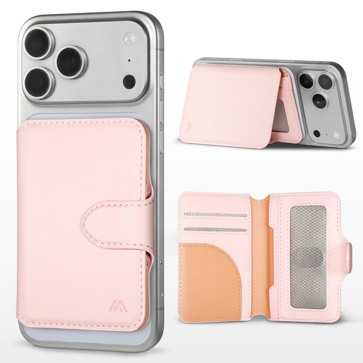 MEFON for MagSafe Wallet, Magnetic Phone Wallet RFID Blocking, Slim 5-8 Card Holder with Cash Slot & Clear ID Window, Minimalist Mag Safe Wallets for iPhone 17/16/15/14/13/12 Series, Blush Pink