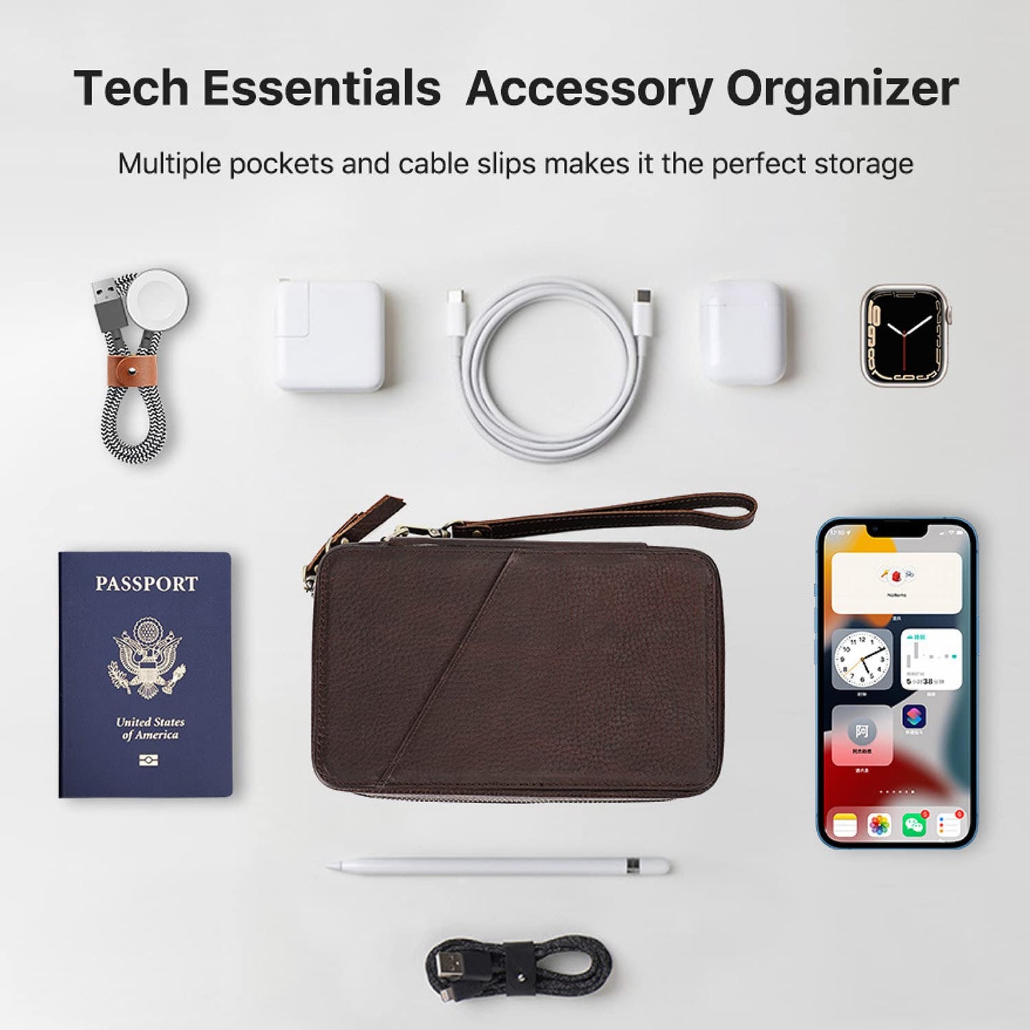 CataPurus Electronic Organizer Case Tech Kit, Top Grain Leather Handmade, Portable Compact Travel Electronic Accessories Storage Case Fits Phone, USB Cables, Chargers, Hard Drive, Cards, Apple pencil