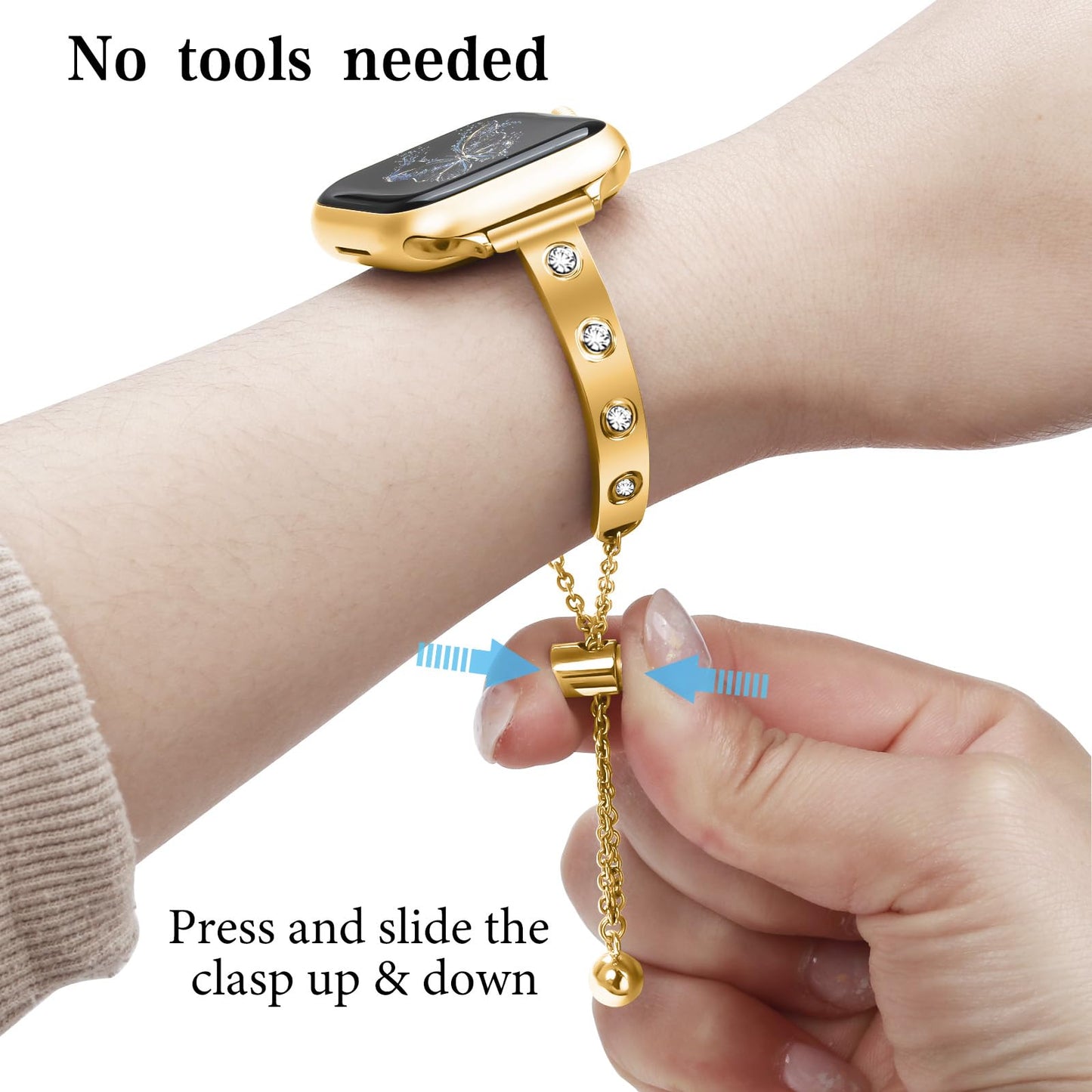 YouthRun Stainless Steel Band Compatible with Apple Watch 38mm 40mm 41mm 42mm 44mm 45mm 46mm 49mm Pretty Luxury Strap with Sparkle Diamond, Dressy iWatch Bracelet, Bling Thin Band for Women (Gold)