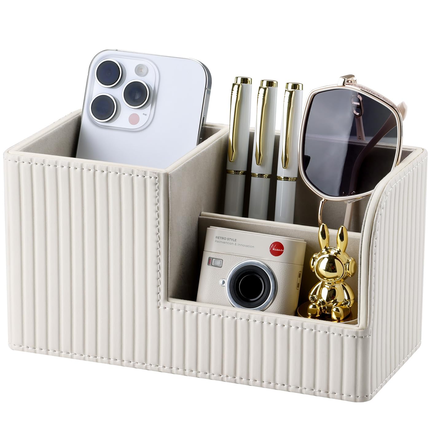 KINGFOM Desk Pen Organizer Office Supplies Caddy Pu Leather Multi-function Storage Box Pen/Pencil,Cell phone, Business Name Cards Remote Control Holder (Ivory White)