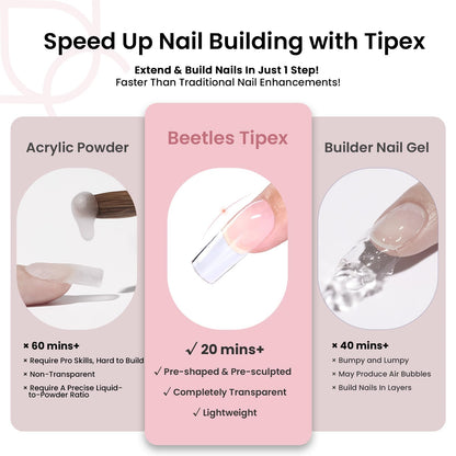 Beetles Tipex Gel Nail Kit, Medium Almond Nail Tips 224 Pcs 16 Sizes Pre-Building Pre-Etched Thick Acrylic Tips with Tipex Glue, Mini Lamp