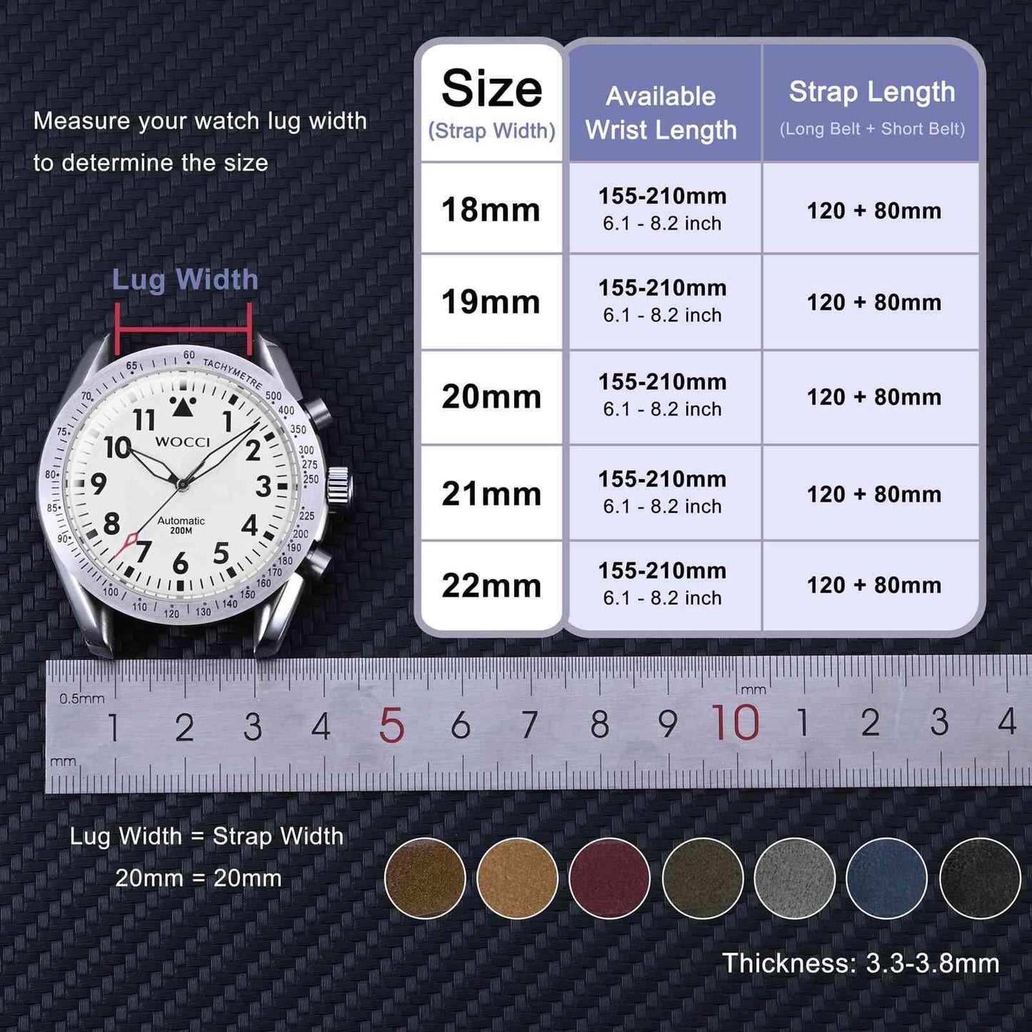 WOCCI 19mm Retro Leather Watch Band for Men and Women, Quick Release Replacement Strap with Silver Buckle (Black)