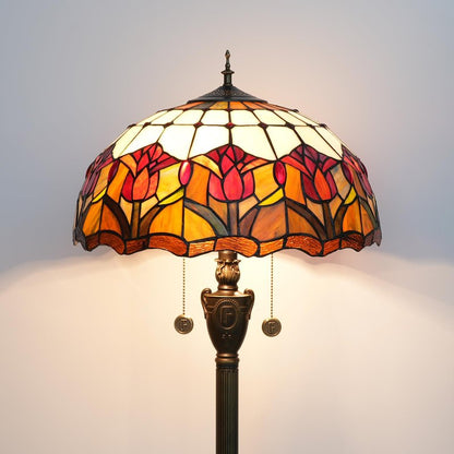 Blivuself Tiffany Floor Lamp Red Tulip Style Stained Glass Standing Reading Light 16X16X64 Inches Antique Unique Pole Corner Tall Decor Lamp for Bedroom Living Room Home Office