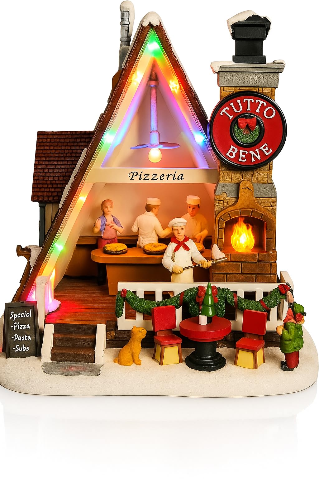 MOMENTS IN TIME Pizza Christmas Village Pizza Shop Scene LED Musical Pizzeria Scene Handcrafted Italian Restaurant Holiday Decoration Battery Operated Tabletop Display Christmas Village Display