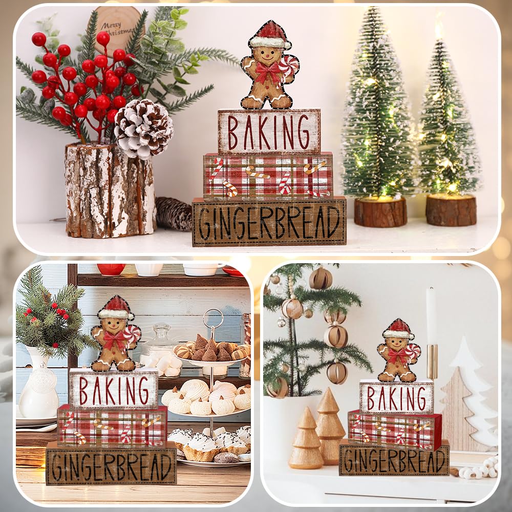 DIYDEC 4Pcs Christmas Table Decoration Gingerbread Man Wooden Block Sign Christmas Tiered Tray Decor Centerpiece Decorative Sign for Xmas Holiday Tabletop Coffee Fireplace Shelf Desk Party Decor