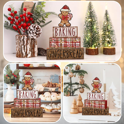 DIYDEC 4Pcs Christmas Table Decoration Gingerbread Man Wooden Block Sign Christmas Tiered Tray Decor Centerpiece Decorative Sign for Xmas Holiday Tabletop Coffee Fireplace Shelf Desk Party Decor