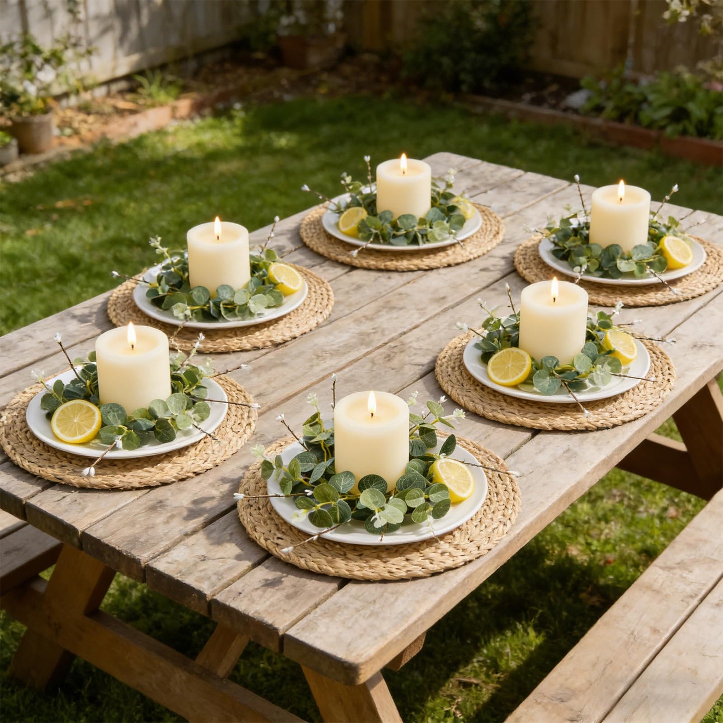 4 Pcs Small Spring Summer Candle Ring Wreaths with Artificial Eucalyptus Greenery White Buds Branches Mini Pillar Candle Holder Wreath for Home Table Centerpieces Kitchen Wedding Farmhouse Party Decor