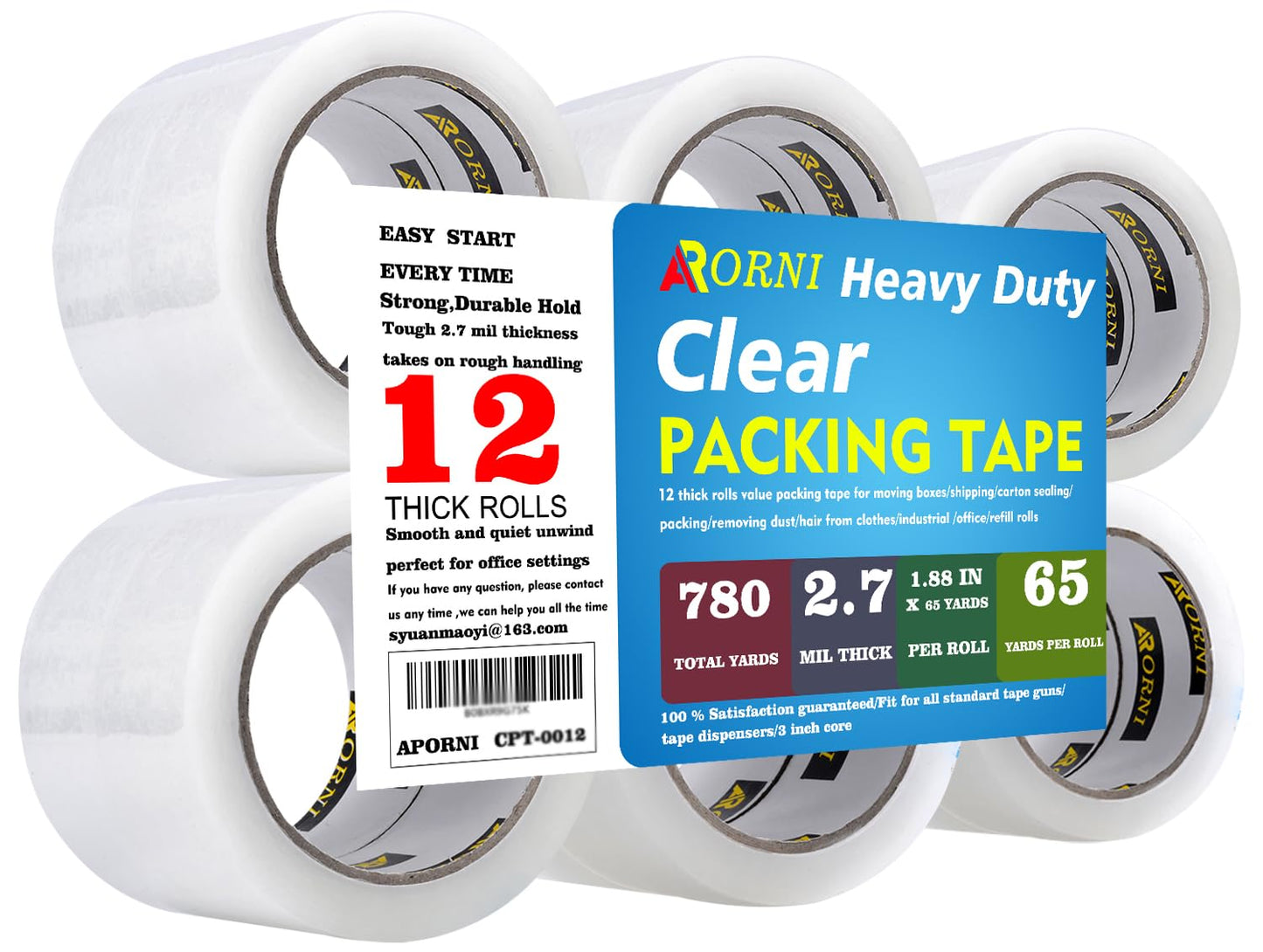 APORNI Clear Packing Tape Heavy Duty Refill Rolls Sealing Great for Packing Box Shipping and Moving Supplies Packaging 12 Rolls 1.88" x 65 Yards 3" Core 2.7 Mil Thick Adhesive