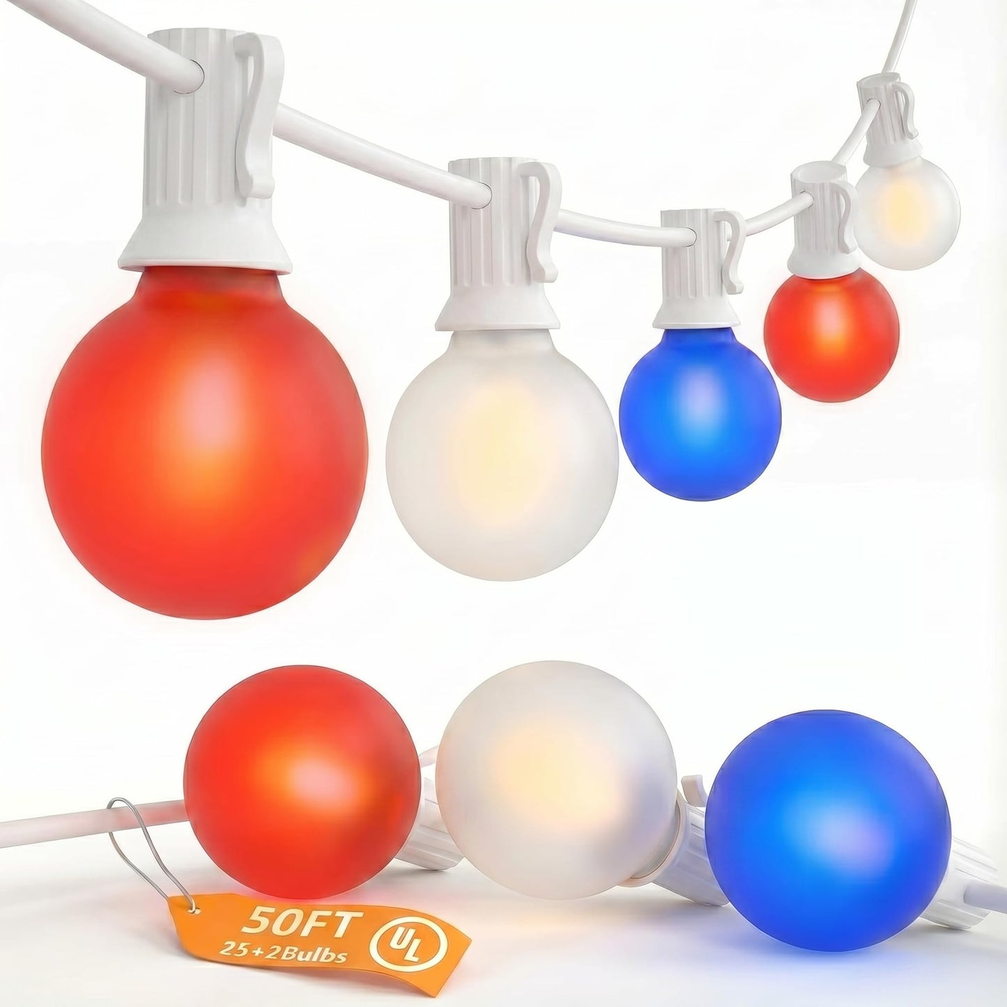SUNSGNE Red White Blue 4th of July Patriotic Decorative Lights 50FT Outdoor String Lights with 27 G40 LED Bulbs(2 Spare) for Outdoor Indoor Holiday, Party, Independence Day Decor