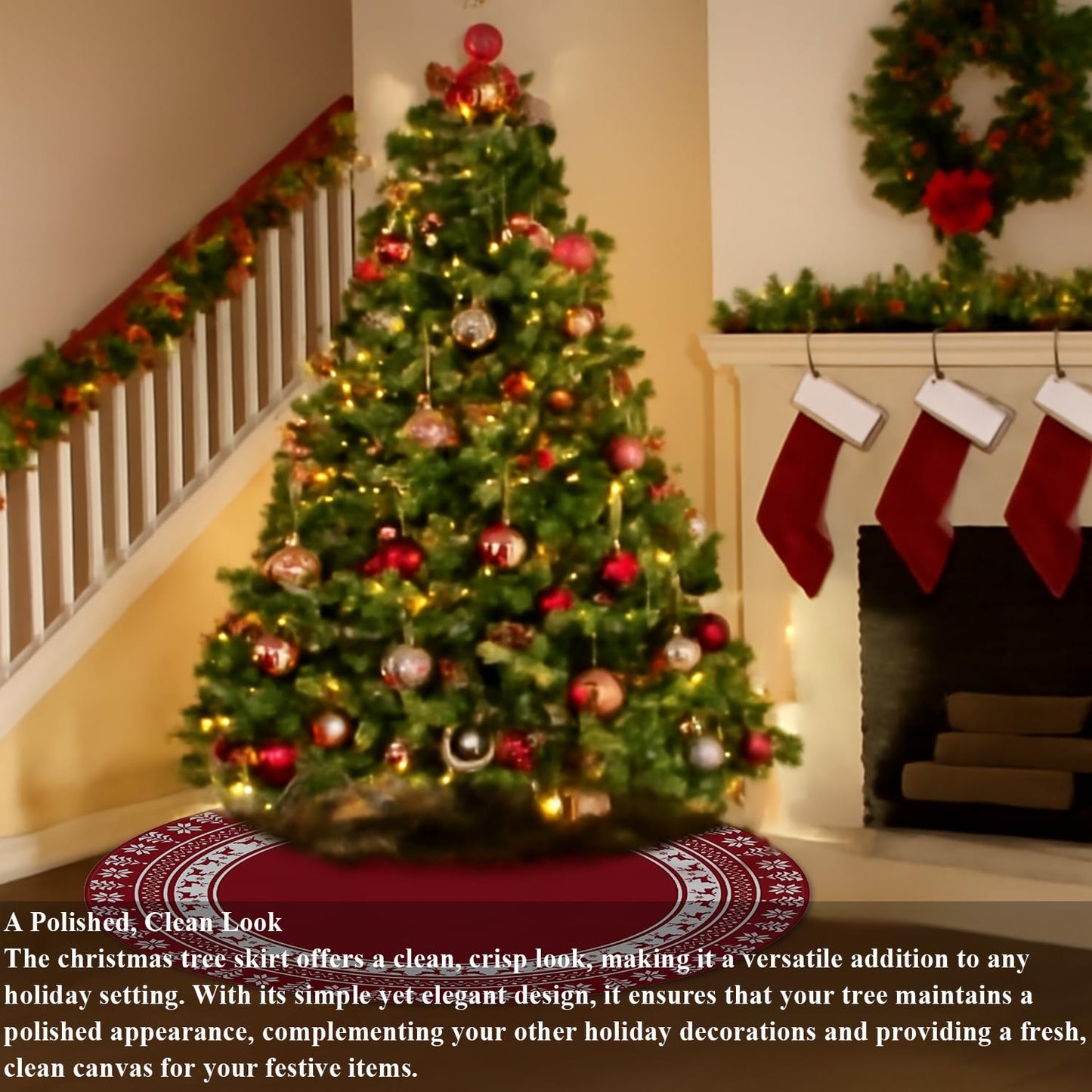 Lizuart Christmas Tree Skirt 48 Inches | Red Xmas Tree Skirt with Rustic Snowflake & Reindeer Pattern, Fits 5 to 7 Foot Trees, Perfect Christmas Decorations for Holiday Trees.