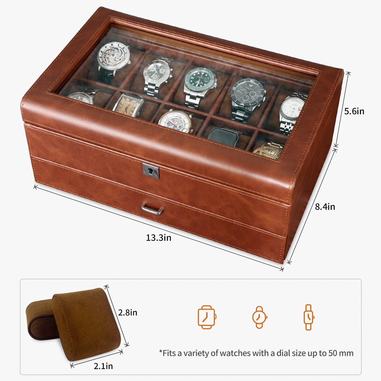 HELMDY Leather Watch Box with Drawer-10 Slots Locking Jewelry Watches Holder for Men-Luxury Watch Case Display Organizer-2 Tier Organizer Watch Showcase-Storage Case