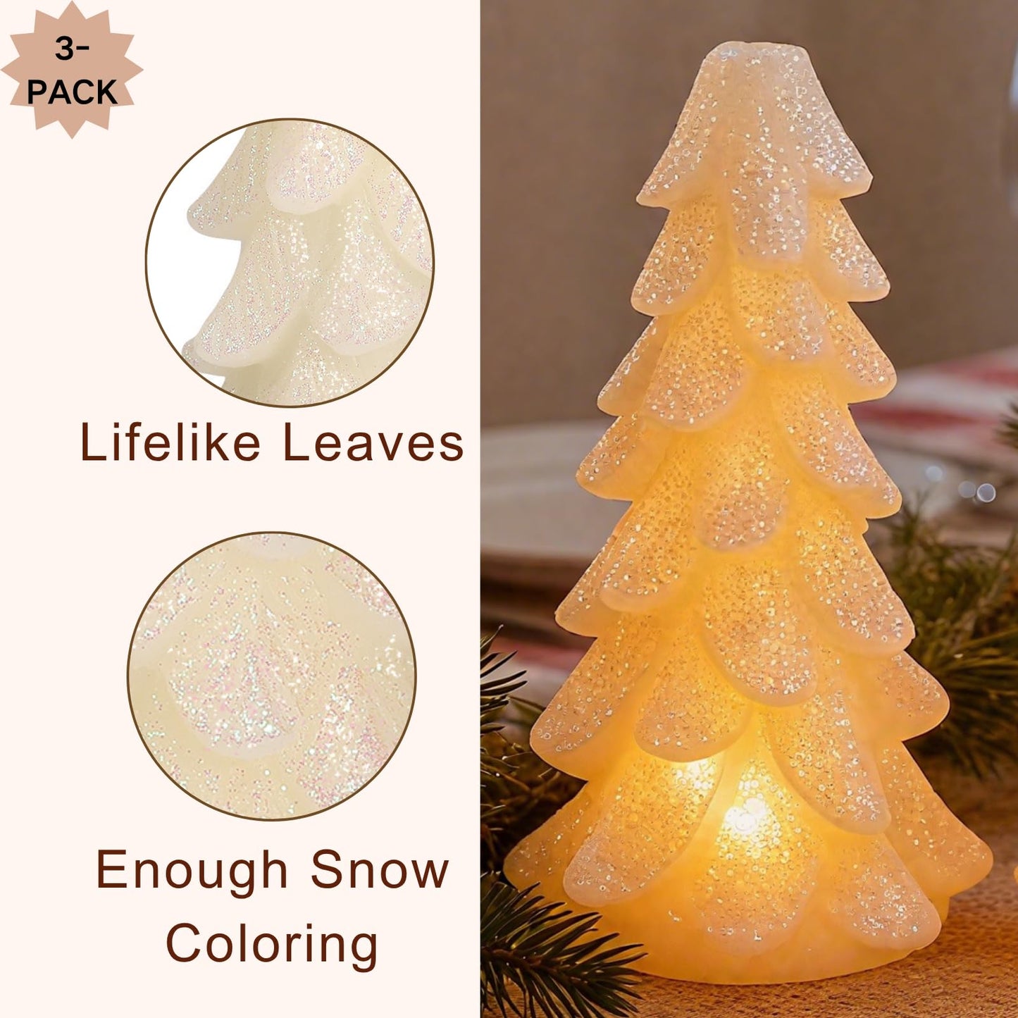 Peninpha 3Pcs Christmas Tree Candles with Remote Timer, Flickering Real Wax LED Flameless Candles Battery Operated for Xmas Winter Décor, White Glittering