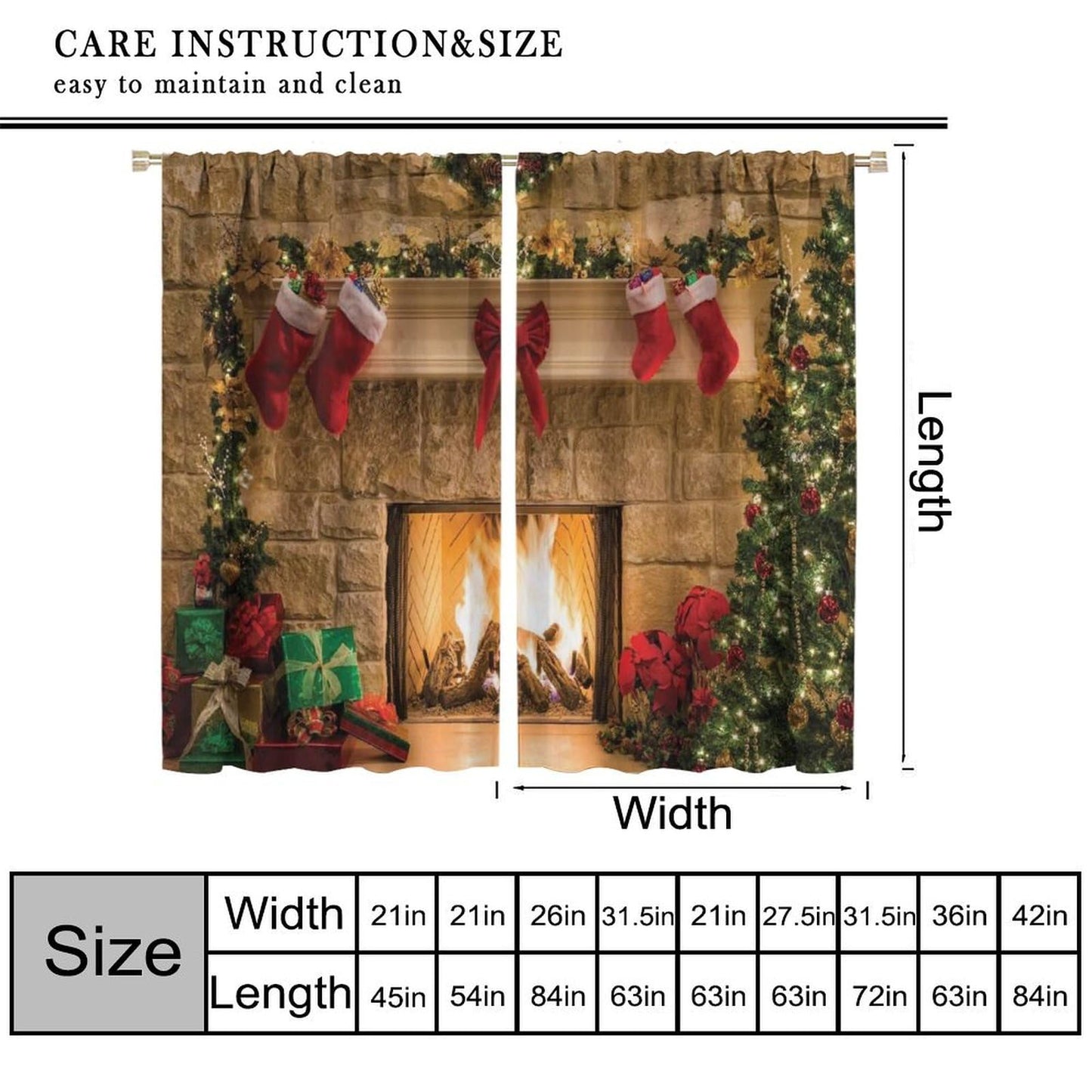 FengMingRui Merry Christmas Curtains Fireplace Christmas Socks Christmas Tree Window Treatment for Bedroom Living Room Decor Art Printed Window Drapes 42" W X 45" L