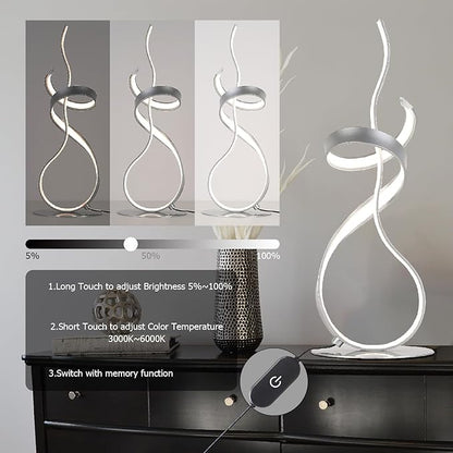 24W Modern 3Color Table Lamp with LED Spiral Design, 22“ Tall Silver Bedside Light & Nightstand Lamp, Touch Dimmable with 3 Colors & Remote Control for Bedroom, Living Room, Home Office (Silver)