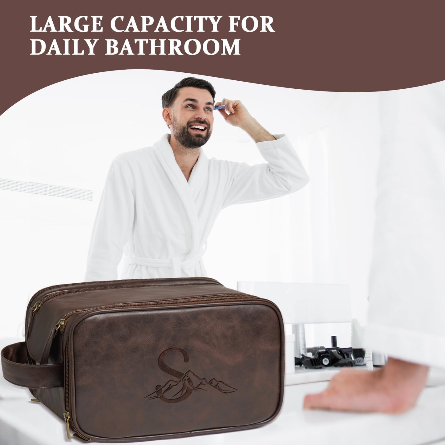 Janhavi Leather Toiletry Bag for Men, Personalized Laser Engraved Initials & Mountain, Toiletry Bag For Shower Caddy, Cruise Ship Essentials, Groomsmen Gifts, Men's Accessories (Dark Brown E)