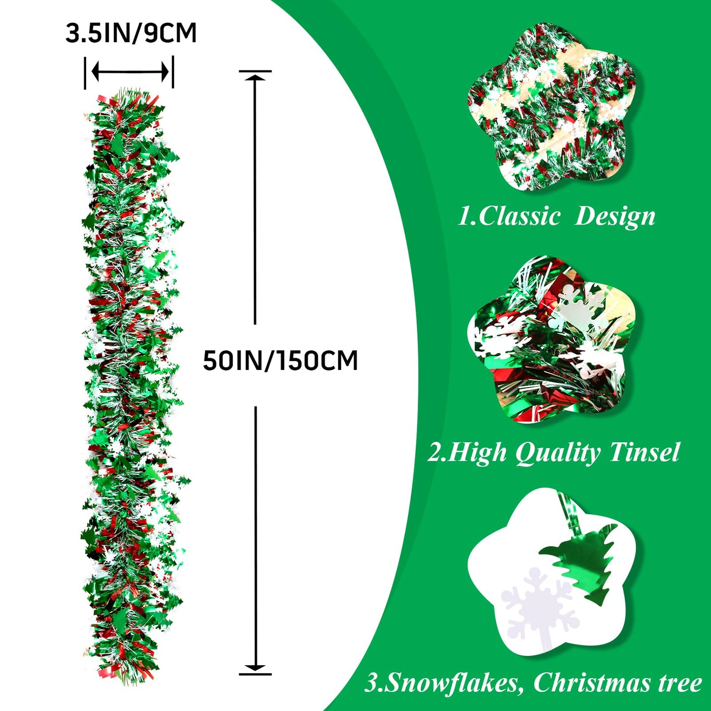50Ft Tinsel Garland Christmas Tree Decorations,Xams Twist Garland with Snowflake Tree for Stairs Railing Mantle Indoor Outdoor Holiday Home Red Green White