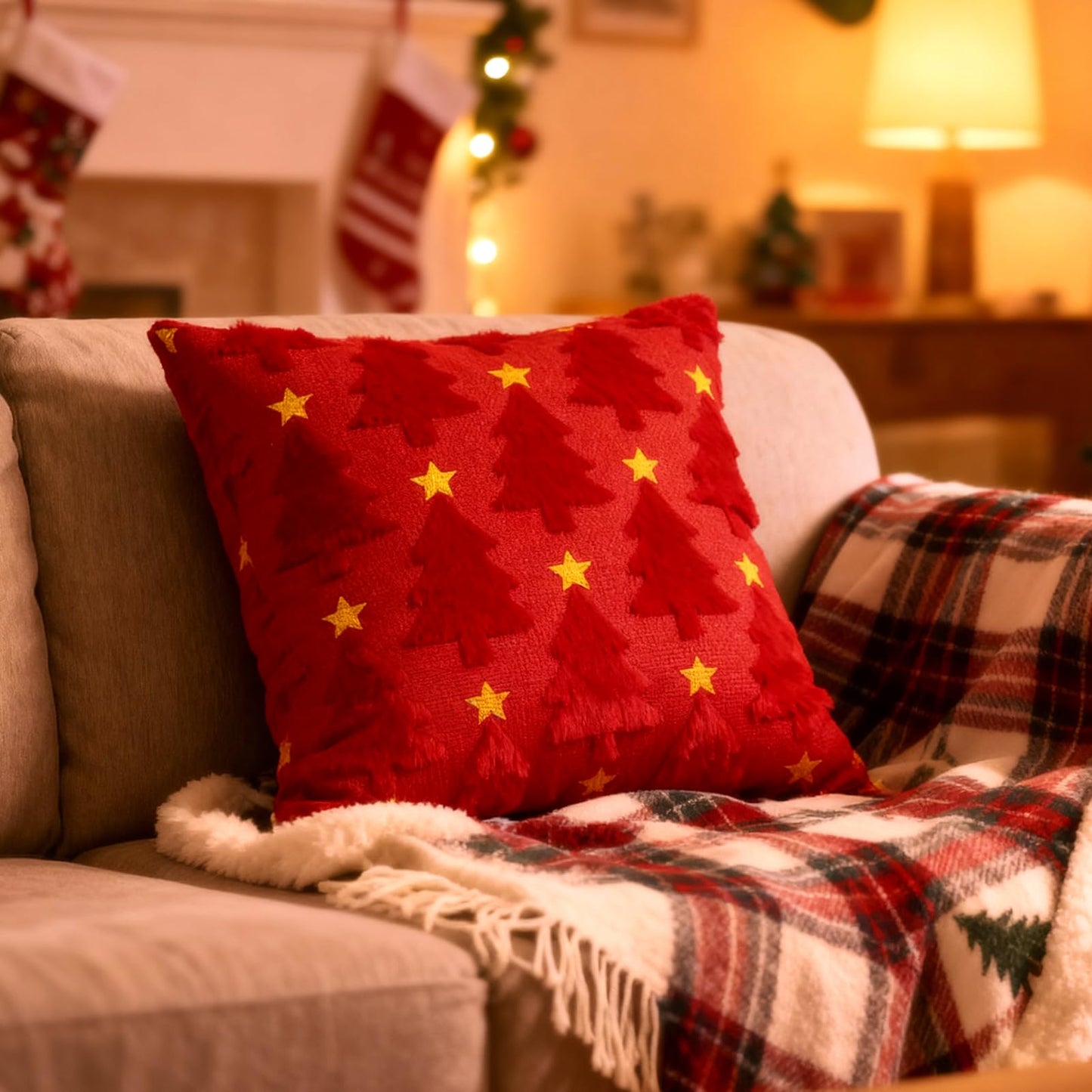 Hongsome Red Christmas Decor-Throw Pillow Covers 18x18in Set of 2,Soft Plush Faux Fur Pillow Case with Xmas Tree for Bedroom Large Couch Sofa Home Indoor Outdoor Holiday Decorations