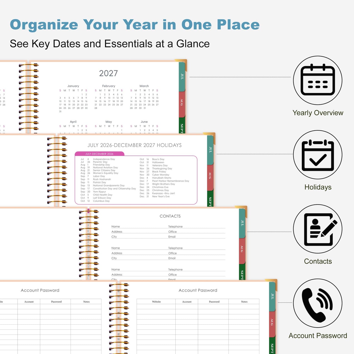 CAGIE Planner 2026-2027, 18 Month Weekly and Monthly Planner, Marble Design Calendar with Tabs, Jul 2026–Dec 2027, Large 8.5" x 11" A4 Hardcover Spiral Agenda Planner for Home, Work, School and Teacher (Blue）