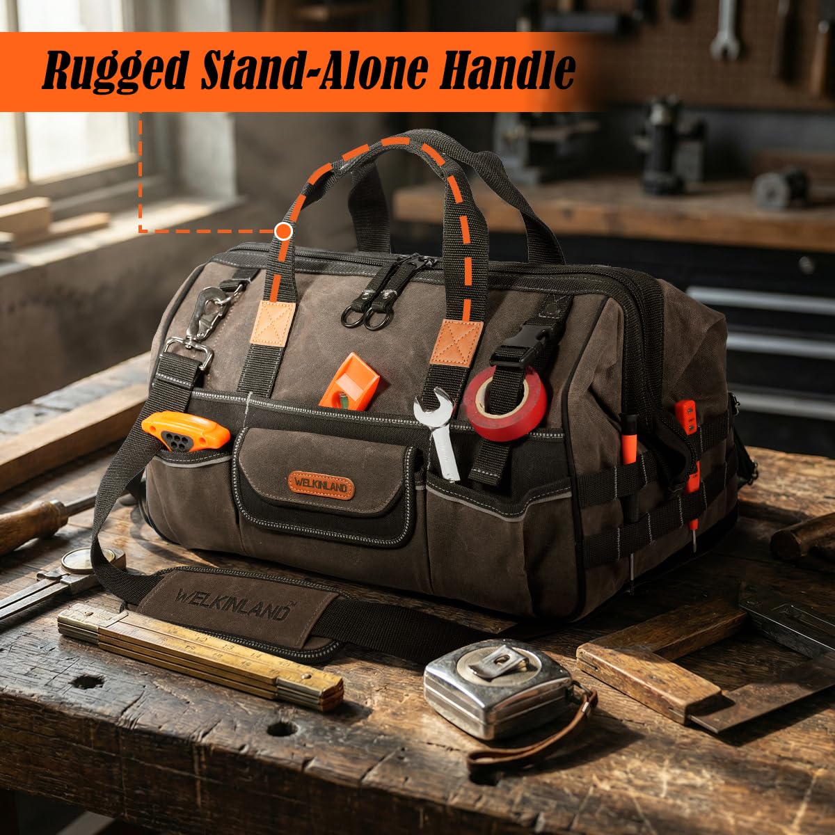 WELKINLAND 18 Inch Waxed Canvas Tool Bag, Heavy-Duty Electrical Tool Bag, Large-Opening 28-Pocket Tools Bag, 36L Tool Bags For Men, Quick-Access HVAC Tools Bags