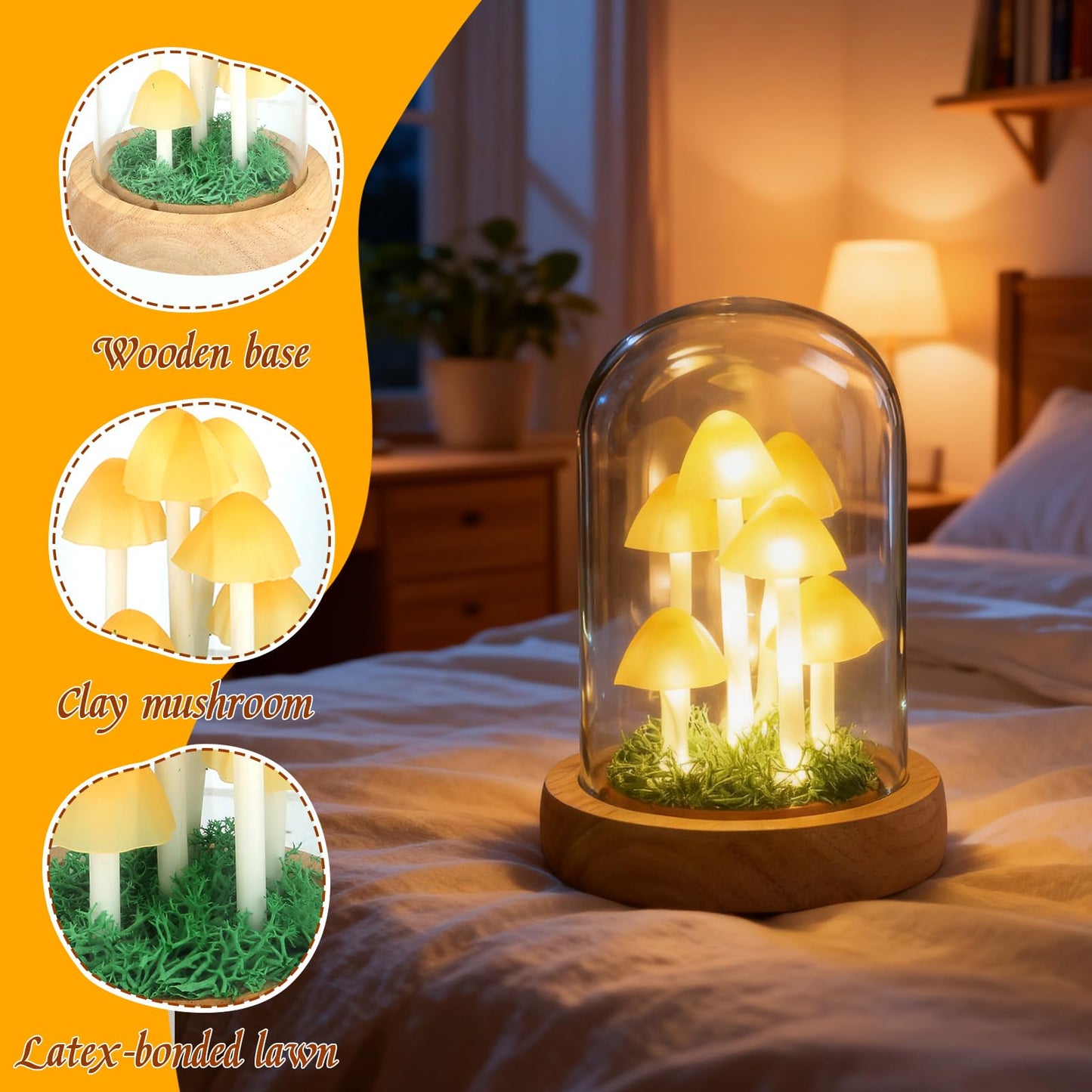 Kiinfendly Decorative Mushroom Lamp with Glass Dome, Warm LED Night Light for Bedroom & Living Room, Unique Mushroom Gifts for Women, Christmas & Birthday Decor