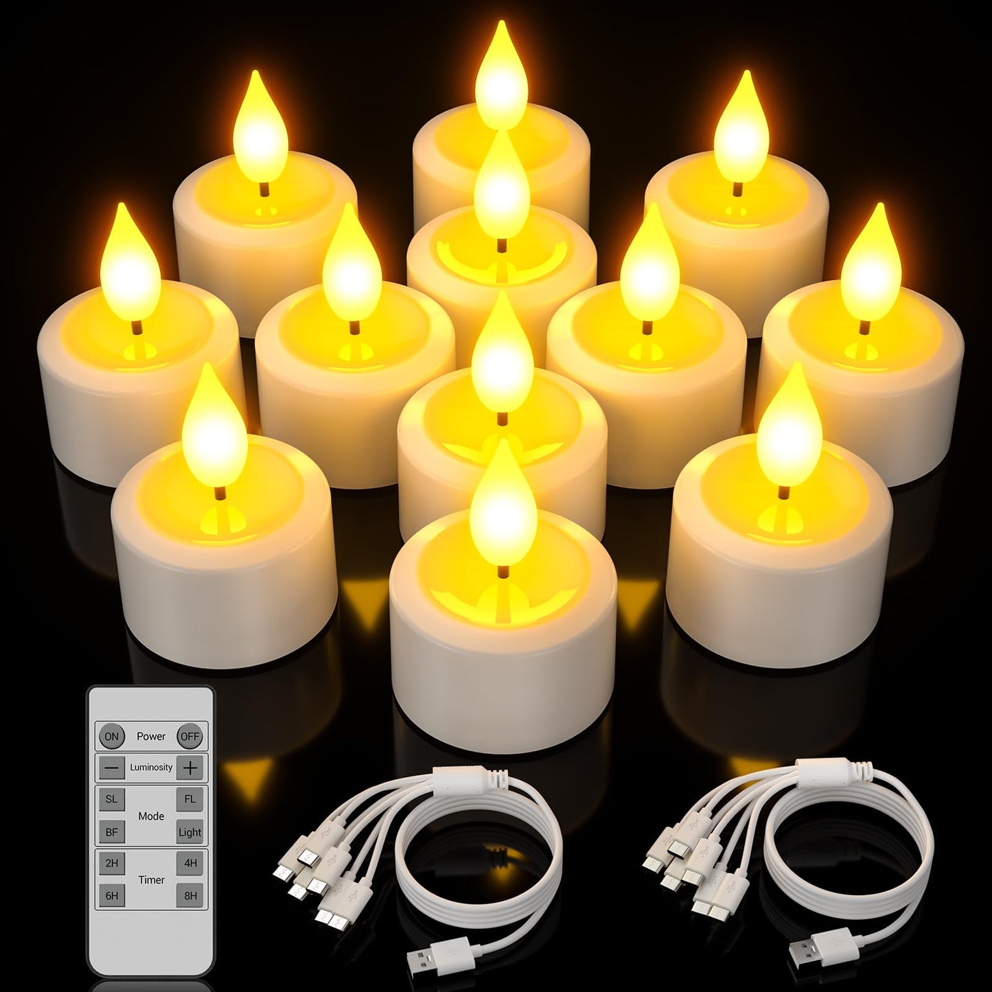 Yme Rechargeable Tea Lights Candles with Remote Timer, 12pcs Flameless Flickering LED Electric Tealights Candles with USB Cables for Home Lantern Table Party Bedroom Holiday Decorations