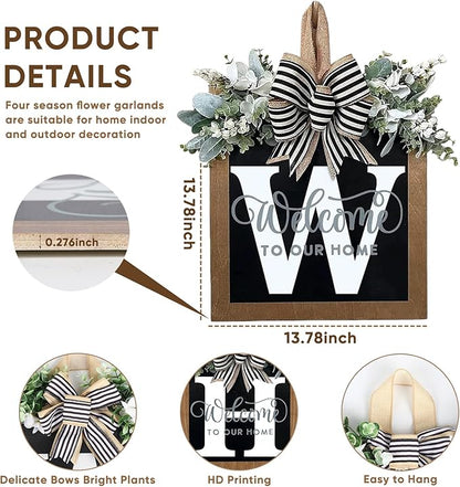Ultra Large 14'' Last Name All Year Round Front Door Wreath with 26 Initial Letter Welcome Sign All Seasons Eucalyptus Garland and Bow Wreaths for Front Door Porch Farmhouse Decoration(W)