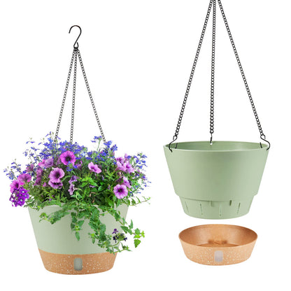 WIZROL 2 Pack Hanging Planters, 10 inch Indoor Outdoor Hanging Plant Pot Basket, Hanging Plastic Flower Pot with Drainage Hole with Removable Tray&Hooks for Hanging Plants,Green
