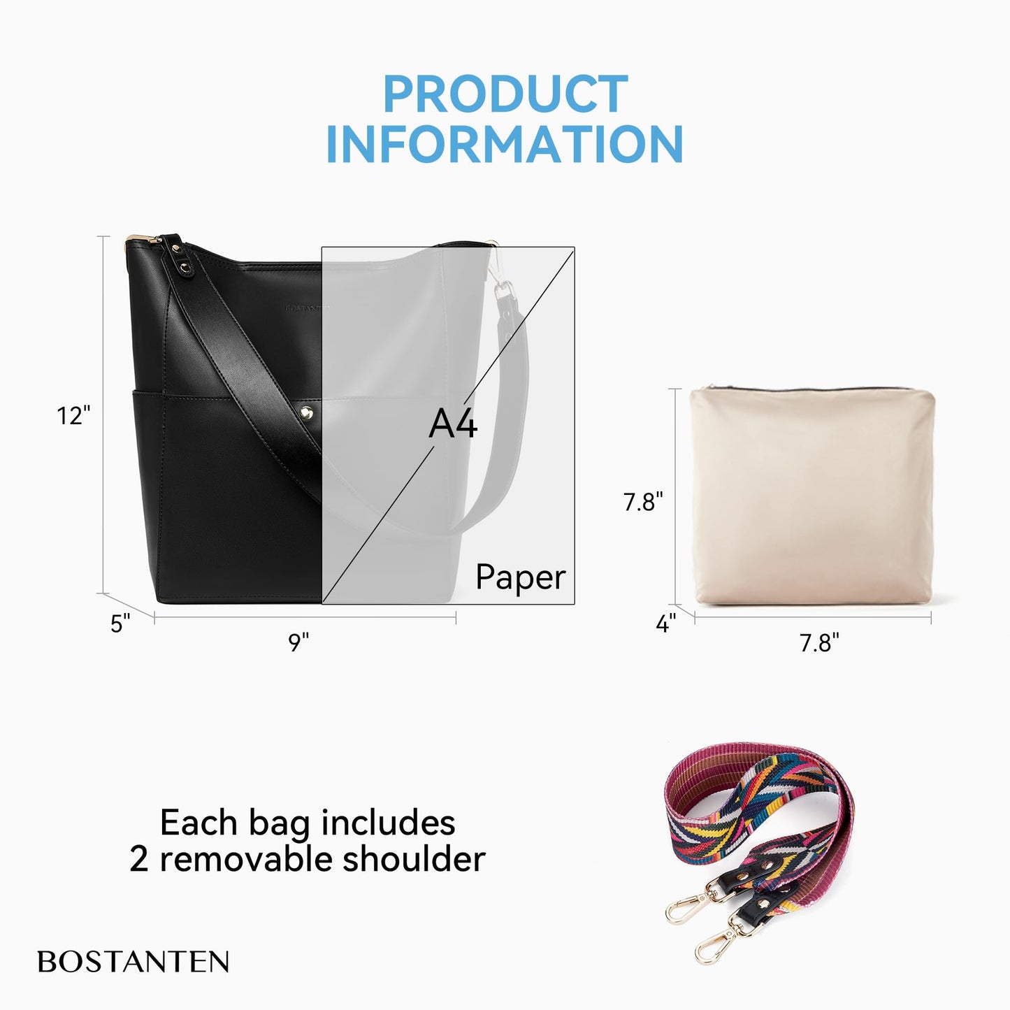 BOSTANTEN Women's Leather Designer Handbags Tote Purses Shoulder Bucket Bags with 2 Shoulder Strap, Black 9" L×5" W×12" H