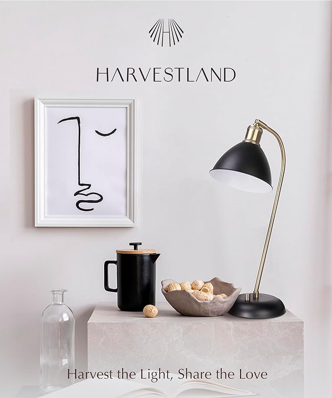HarvestLand Halo Black and Brass Desk Lamp – Adjustable Desk Lamp with Metal, Industrial Table Lamp with Solid Base for Home Office, Dedside Table lamp, Task Lamp
