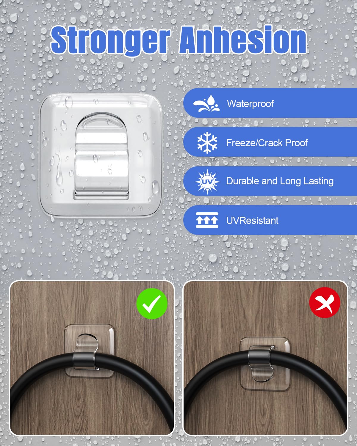 LZC Hooks for Outdoor String Lights Clips: 25 Pack Square Clear Large Heavy Duty Light Hook Waterproof Adhesive Strips - Outside Hanging Rope Light Cable Cord Holders Organizer