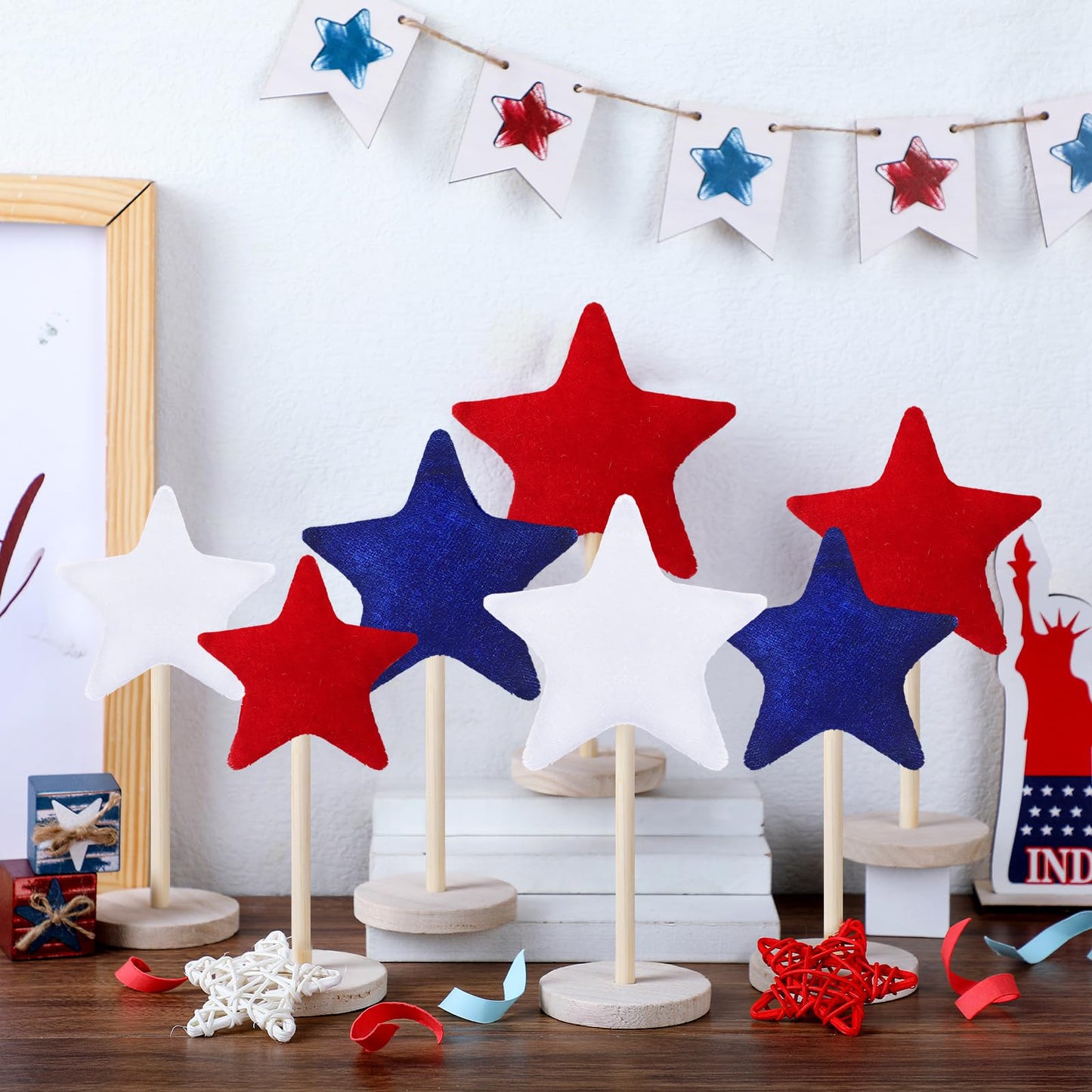 Wenqik 7 Pcs 4th of July Patriotic Decorations Velvet Red White and Blue Star Sign Standing Wooden Star Tabletop Centerpiece 250th Anniversary Independence Day Decor for Home Indoor Table Office Party