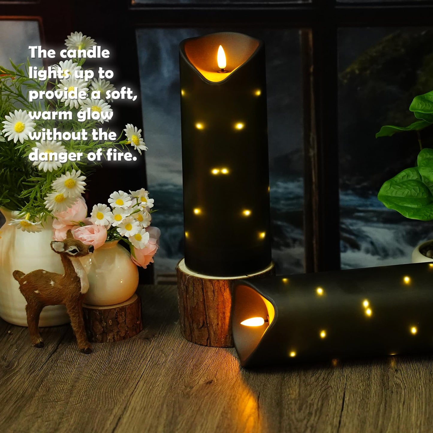 4" x10" Outdoor Flameless Candles Waterproof, Battery Operated LED Candles with Remote Control and Timer，Internal string lights，Black , Set of 2，Suitable for home decoration and holiday decoration