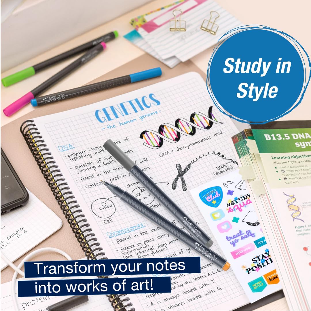 Faber-Castell Essential Note Taking Supplies - Studying Essentials Set with 6 Fineliner Journal Pens, College School Supplies, Stationary and Planner Accessories